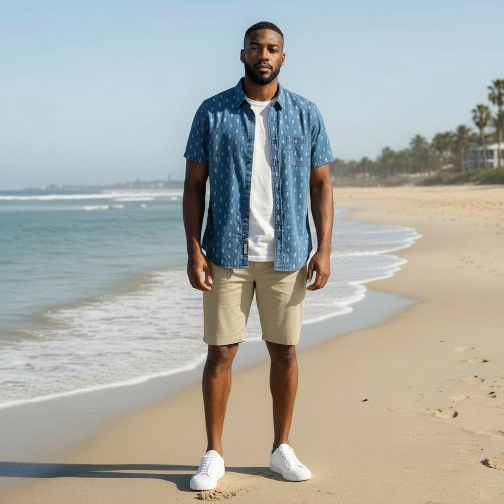 Shouthouse Pineapple Print Chambray Casual Button Down Shirt